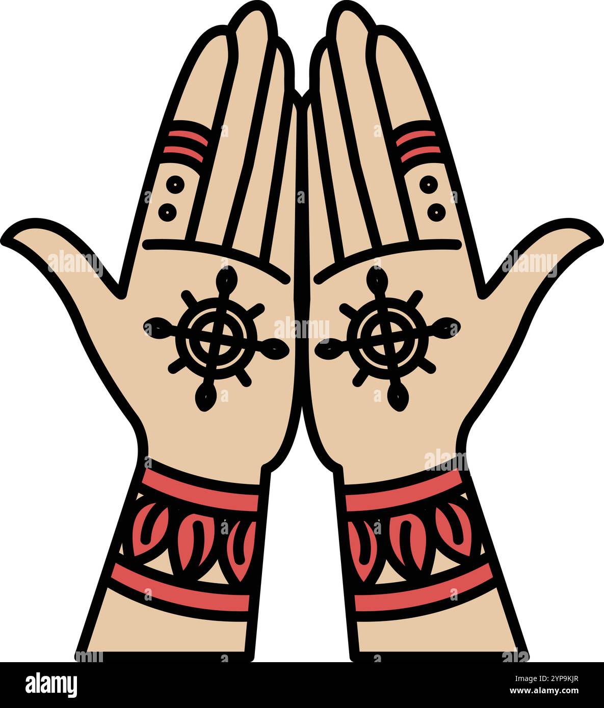 Le dessin à la main est de deux mains avec une croix et une roue sur eux. Les mains sont croisées les unes sur les autres, et le design est très complexe et detaile Illustration de Vecteur