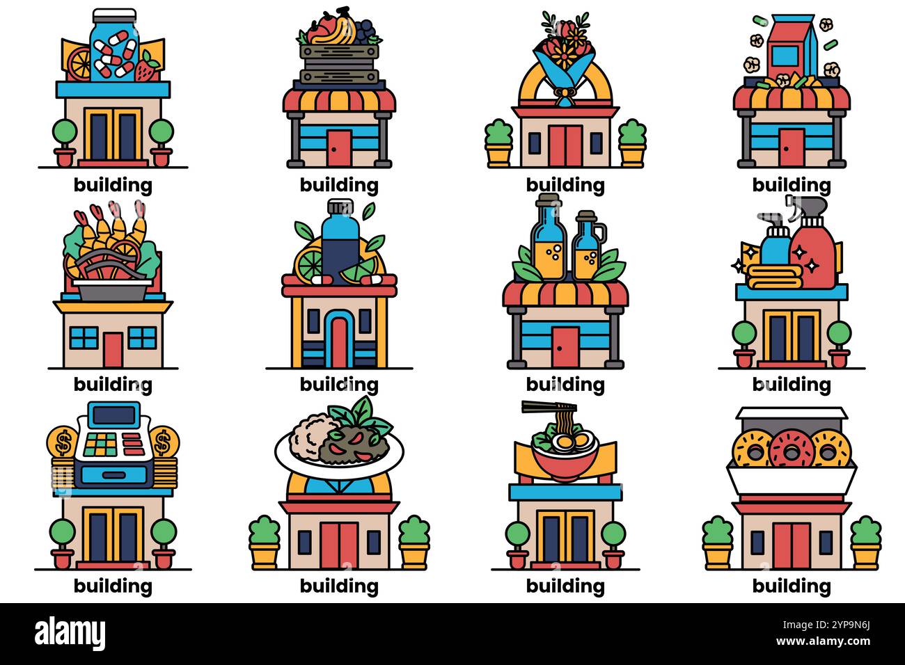 Ensemble d'illustrations dans le concept de bâtiment et de nourriture dans un style de ligne Illustration de Vecteur