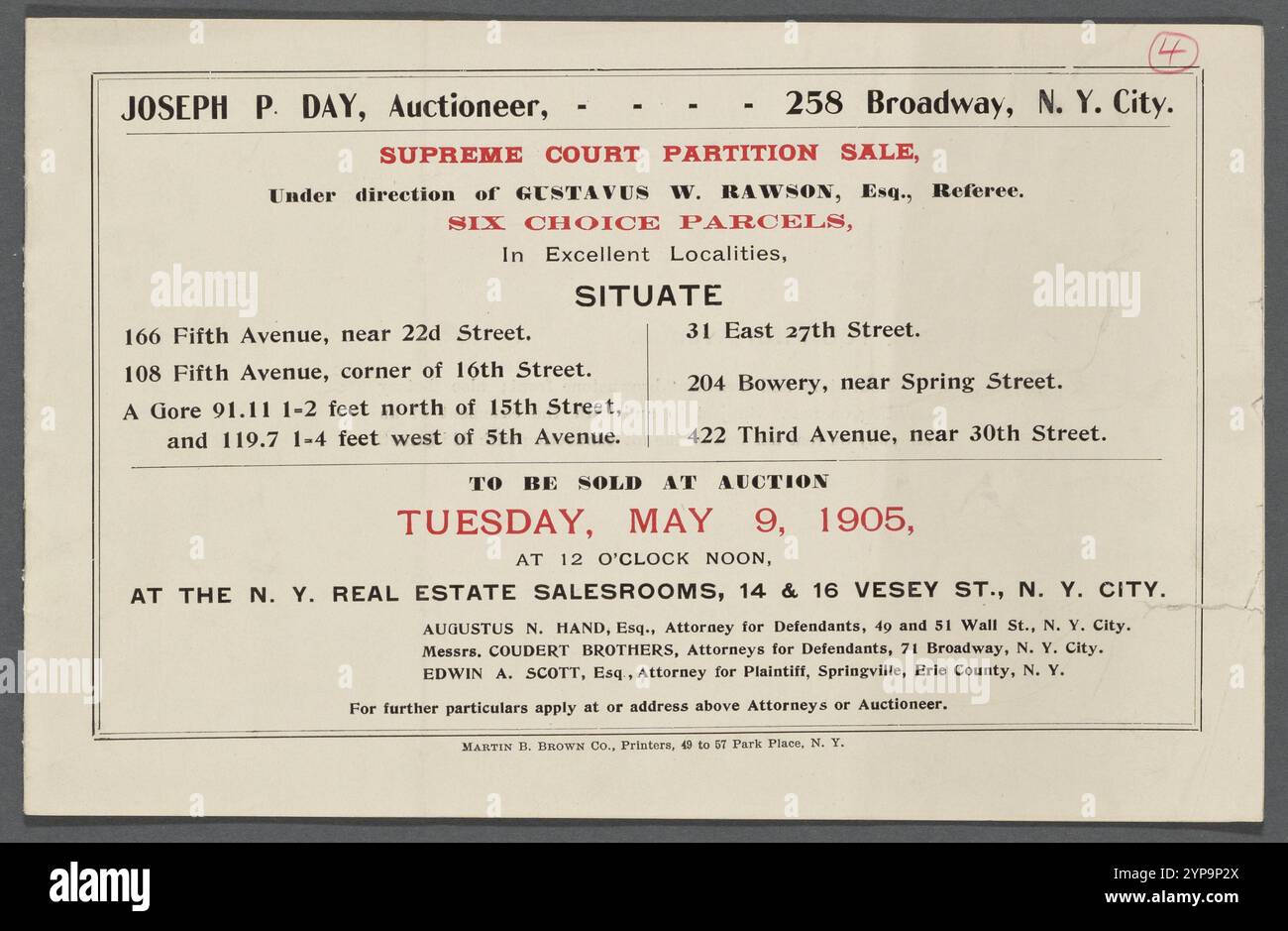 Vente de partition par la Cour suprême, sous la direction de Gustavus W. Rawson, arbitre. Six colis de choix, dans d'excellentes localités 1905-05-09 Banque D'Images