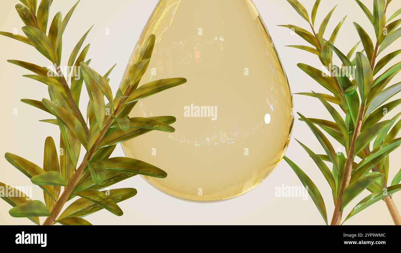 Rendu 3d de Melaleuca alternifolia ou arbre à thé et gouttelettes d'huile essentielle Banque D'Images