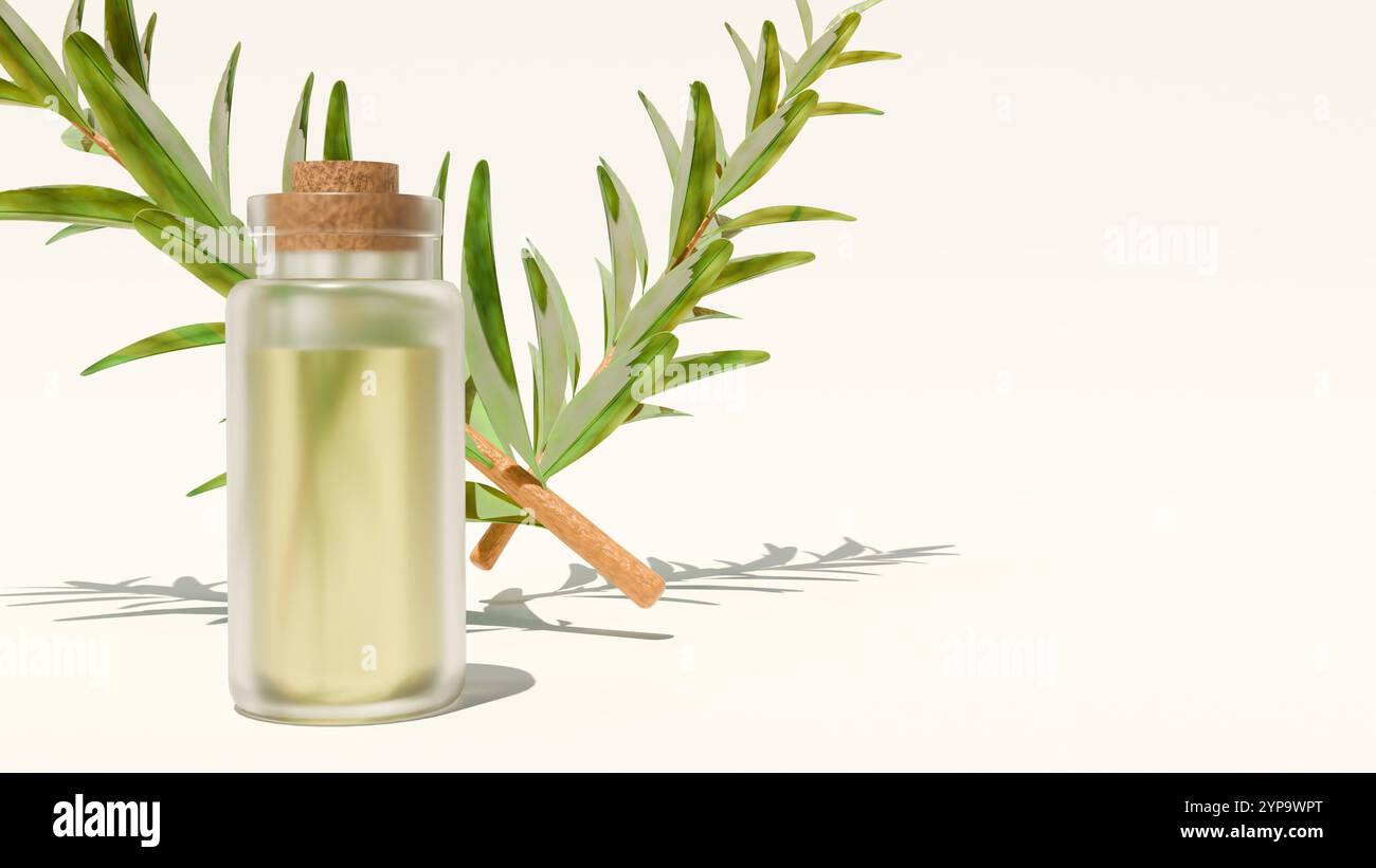 Le rendu 3d de Melaleuca alternifolia ou feuilles d'arbre à thé et des bouteilles en verre transparent sont souvent utilisés pour stocker des huiles essentielles comme l'huile d'arbre à thé. Banque D'Images