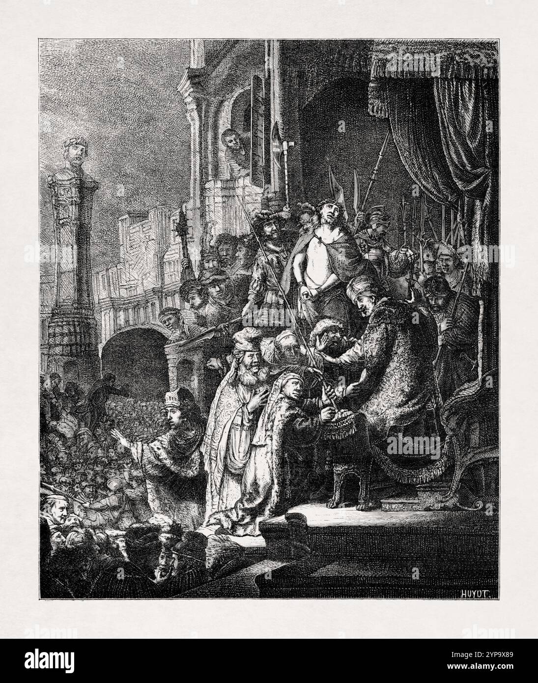 Gravure représentant Ponce Pilate présentant Jésus au peuple de Jérusalem d'après une œuvre du XVIIe siècle de Rembrandt. Banque D'Images