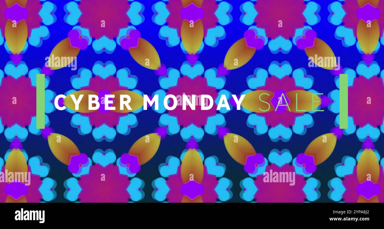 Image du texte de vente du cyber lundi sur un motif kaléidoscopique bleu, orange et rose Banque D'Images