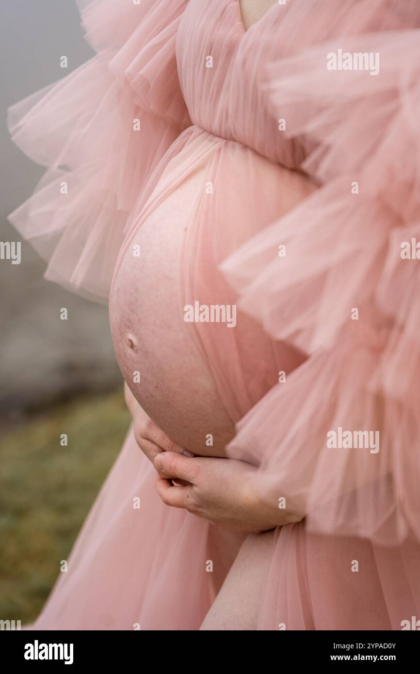Élégant portrait de maternité en tulle rose Banque D'Images