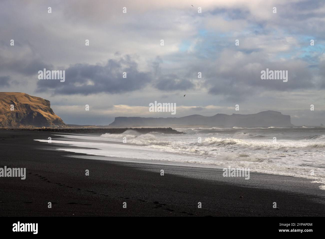 Grandes vagues de l'océan Atlantique sur la plage de sable volcanique noir, créant un contraste à couper le souffle. Montagne en arrière-plan. Ciel nuageux. Vikurfjara, Banque D'Images