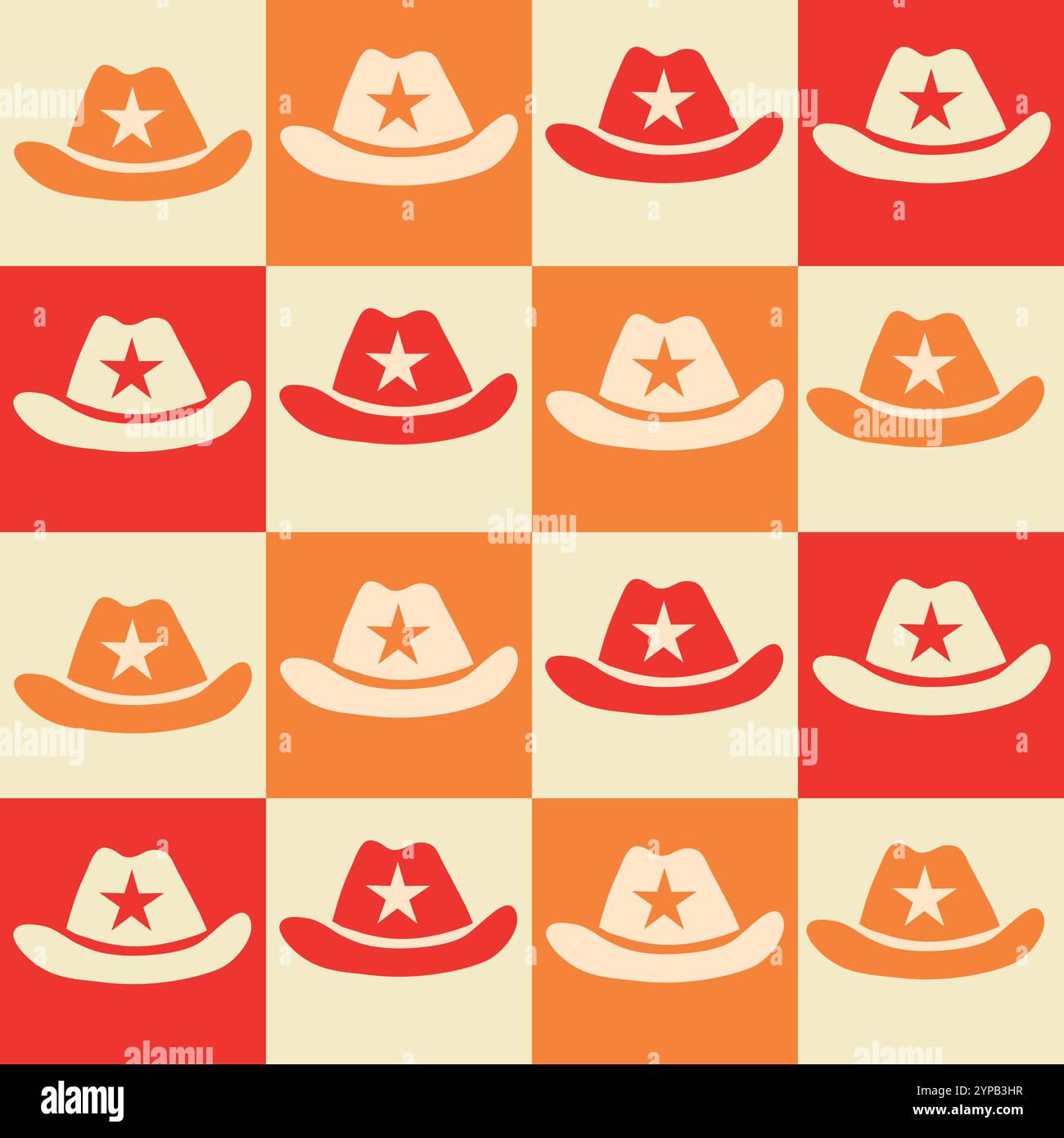 Chapeau de cowgirl à carreaux motif sans couture sur damiers rouges, orange et blancs. Pour tissu, textile et papier d'emballage Illustration de Vecteur