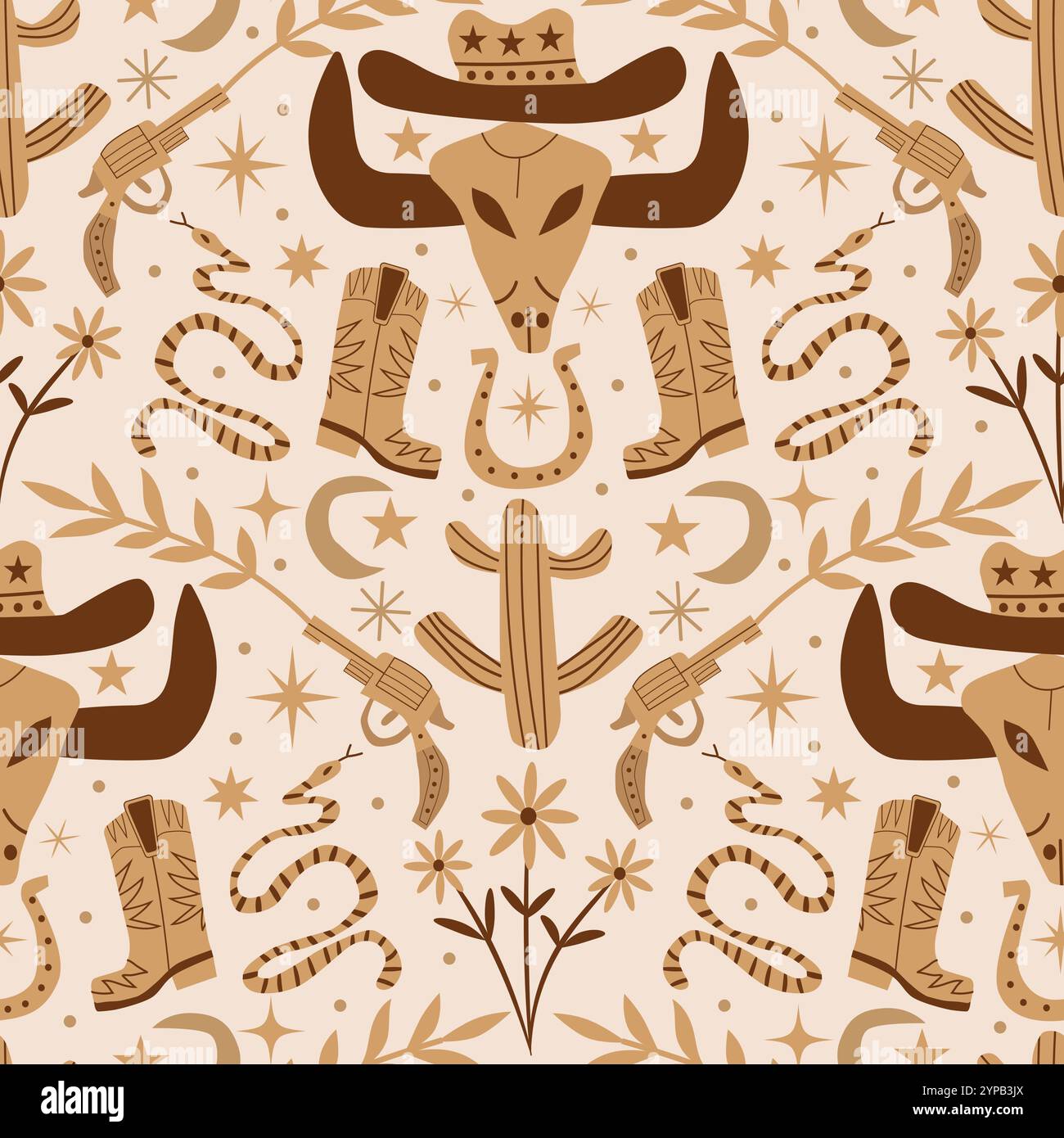 Motif sans couture de cow-boy de bohème occidental en marron et tan sur fond beige clair avec tête de vache, botte de cow-boy, chapeau, fer à cheval, serpent et pistolet. Pour wa Illustration de Vecteur