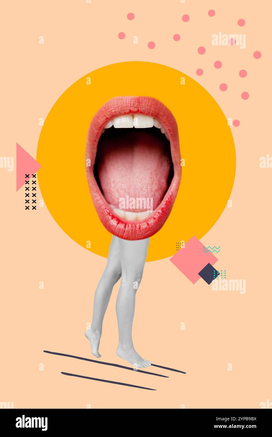 Femme jambes et une femme bouche ouverte sur un cercle orange et sur un fond avec des formes géométriques Banque D'Images