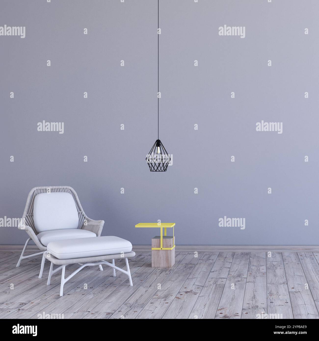 Intérieur de la pièce avec mur gris, chaise à aile et table d'appoint moderne et plancher en bois, rendu 3D. Banque D'Images