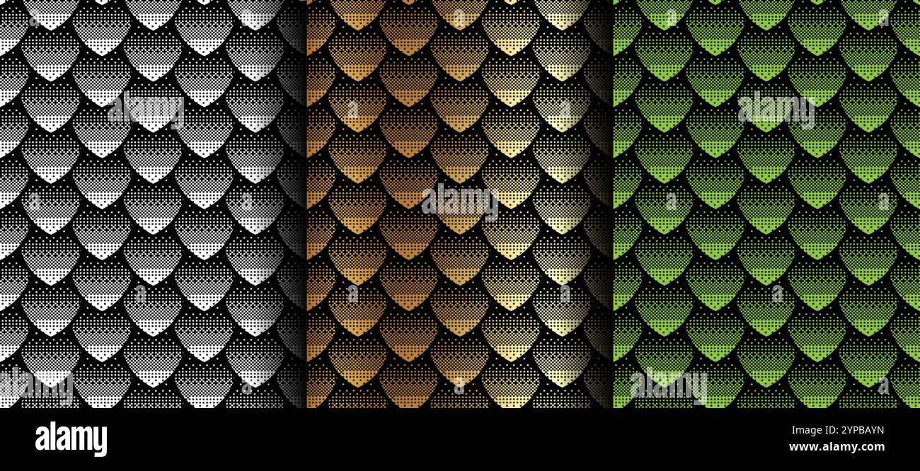 Motif géométrique sans couture, poisson serpent, sirène, écailles de dragon. Définissez le style d'art pixel de texture en blanc, or, couleurs vertes, fond vectoriel animal Illustration de Vecteur