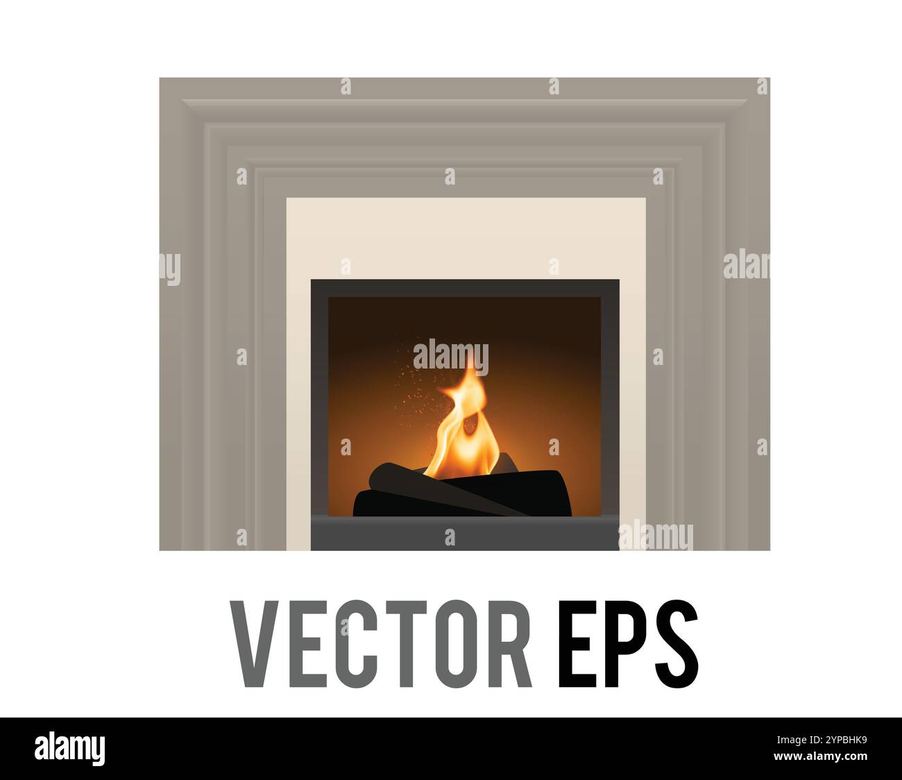 La maison intérieure traditionnelle beige et cheminée brune avec feu et bois Illustration de Vecteur