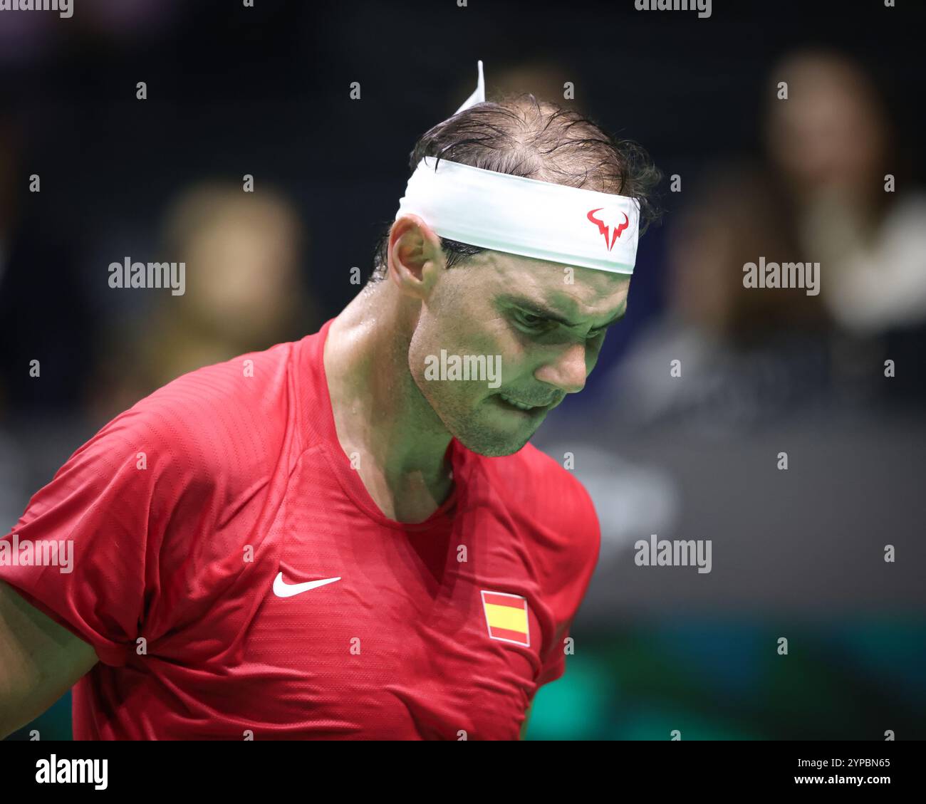 Le joueur de tennis espagnol Rafael Nadal réagit à la finale de la Coupe Davis 2024, Palacio de Deportes Jos Mar’a Mart’n Carpena, Malaga, Espagne, Banque D'Images