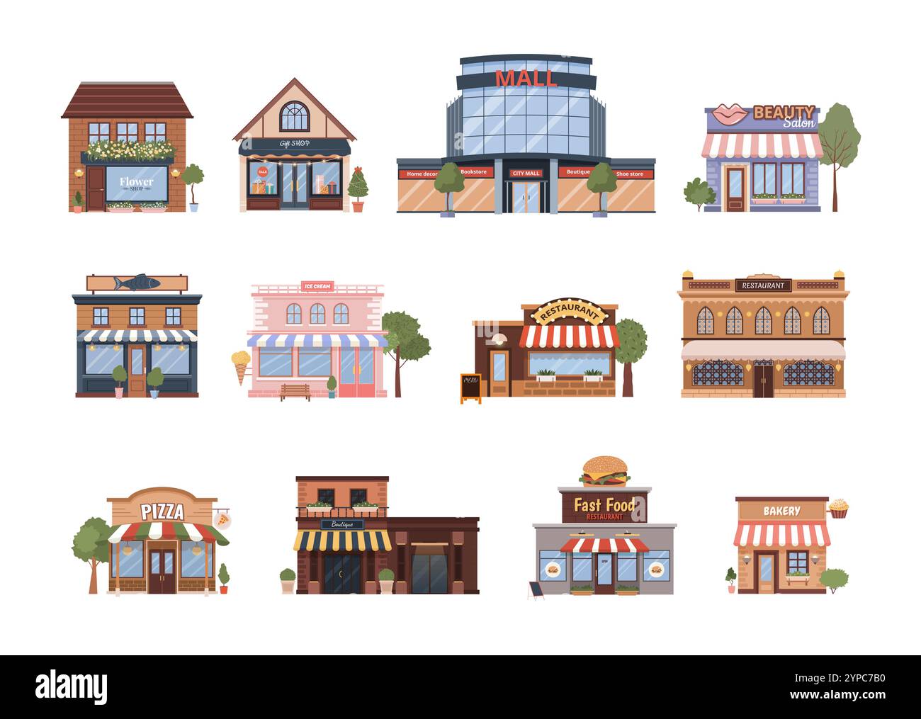 Icônes de bâtiments urbains définies. Boutiques et restaurants. Illustration de Vecteur