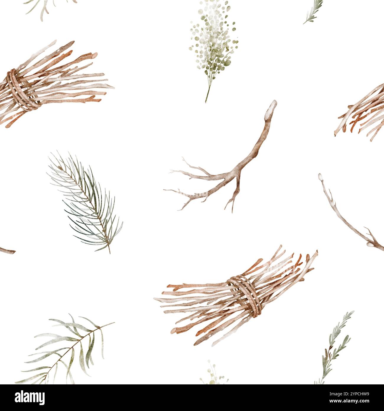 Motif sans couture aquarelle avec des brindilles et des herbes d'aquarelle dessinées à la main. Simple ornement texture bois de broussailles sec de brindilles et de plante verte. Banque D'Images