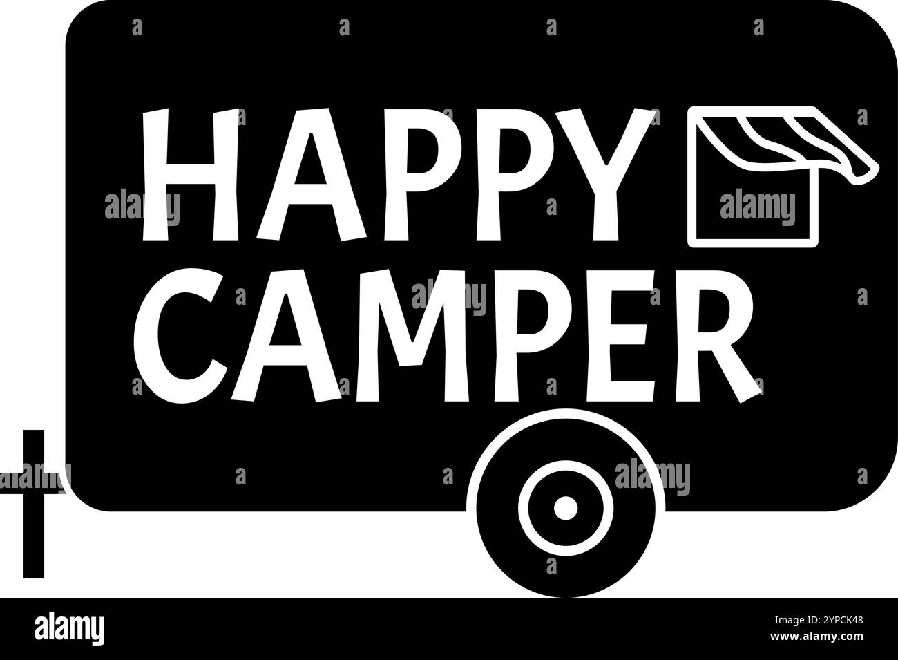 Design graphique en noir et blanc mettant en vedette la phrase Happy camper sur une remorque de camping stylisée, favorisant une expérience de camping positive et joyeuse Illustration de Vecteur