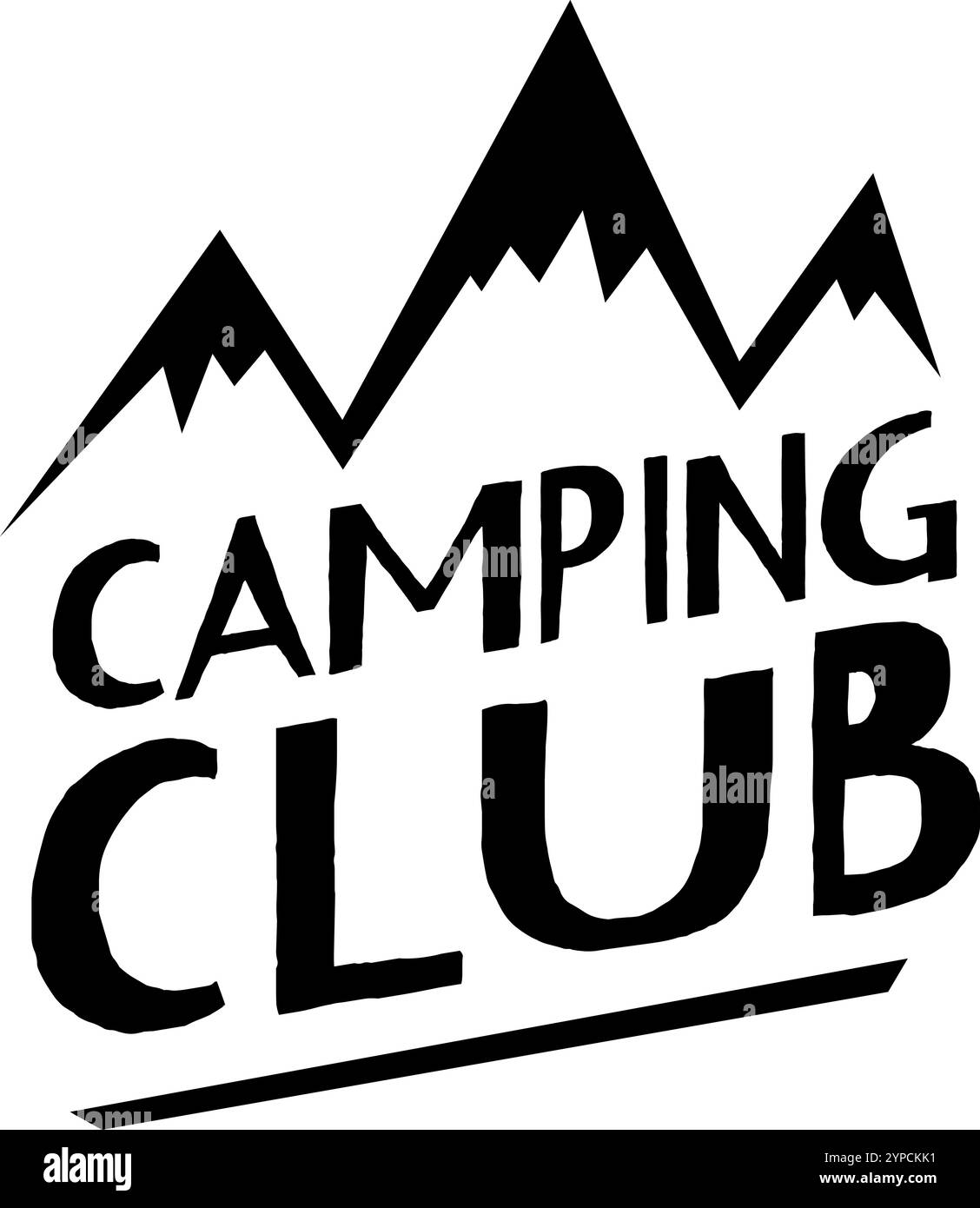 Logo noir et blanc pour un club de camping avec des sommets montagneux stylisés et une typographie audacieuse favorisant les aventures en plein air et la camaraderie Illustration de Vecteur