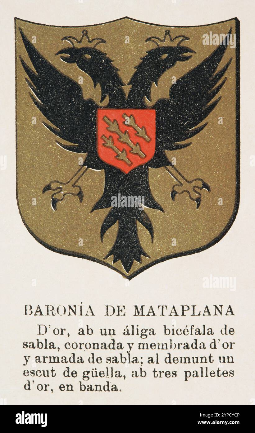 Baronnies de Catalogne. Baronnie de Mataplana (Baronia de Mataplana), vers 1350. Armoiries. 'Història de Catalunya' (histoire de la Catalogne), par Antoni Aulèstia i Pijoan (1894-1918), annotée et poursuivie par Ernest Moliné i Brasés (1868-1940). Publié à Barcelone, Centre éditorial Artístic de Miquel Seguí, 1922. Volume I. Banque D'Images