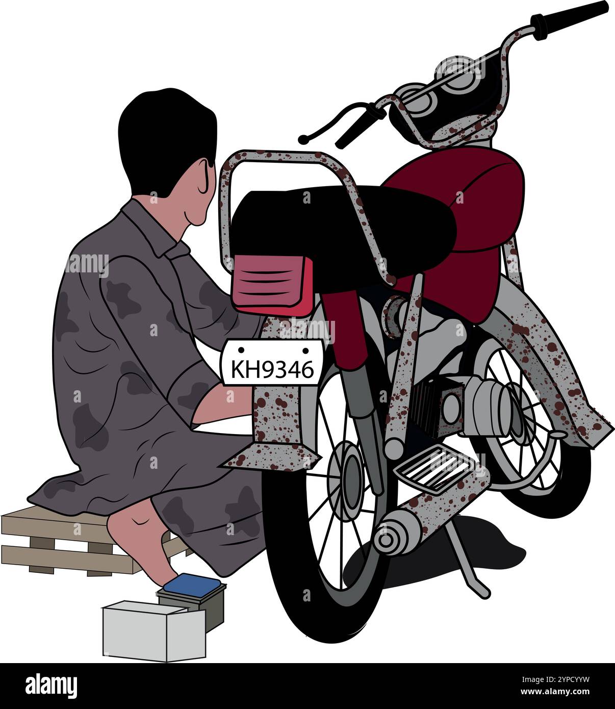 Le mécanicien répare le vélo, vue de côté portrait du jeune garçon noir réparant la moto. Illustration de Vecteur