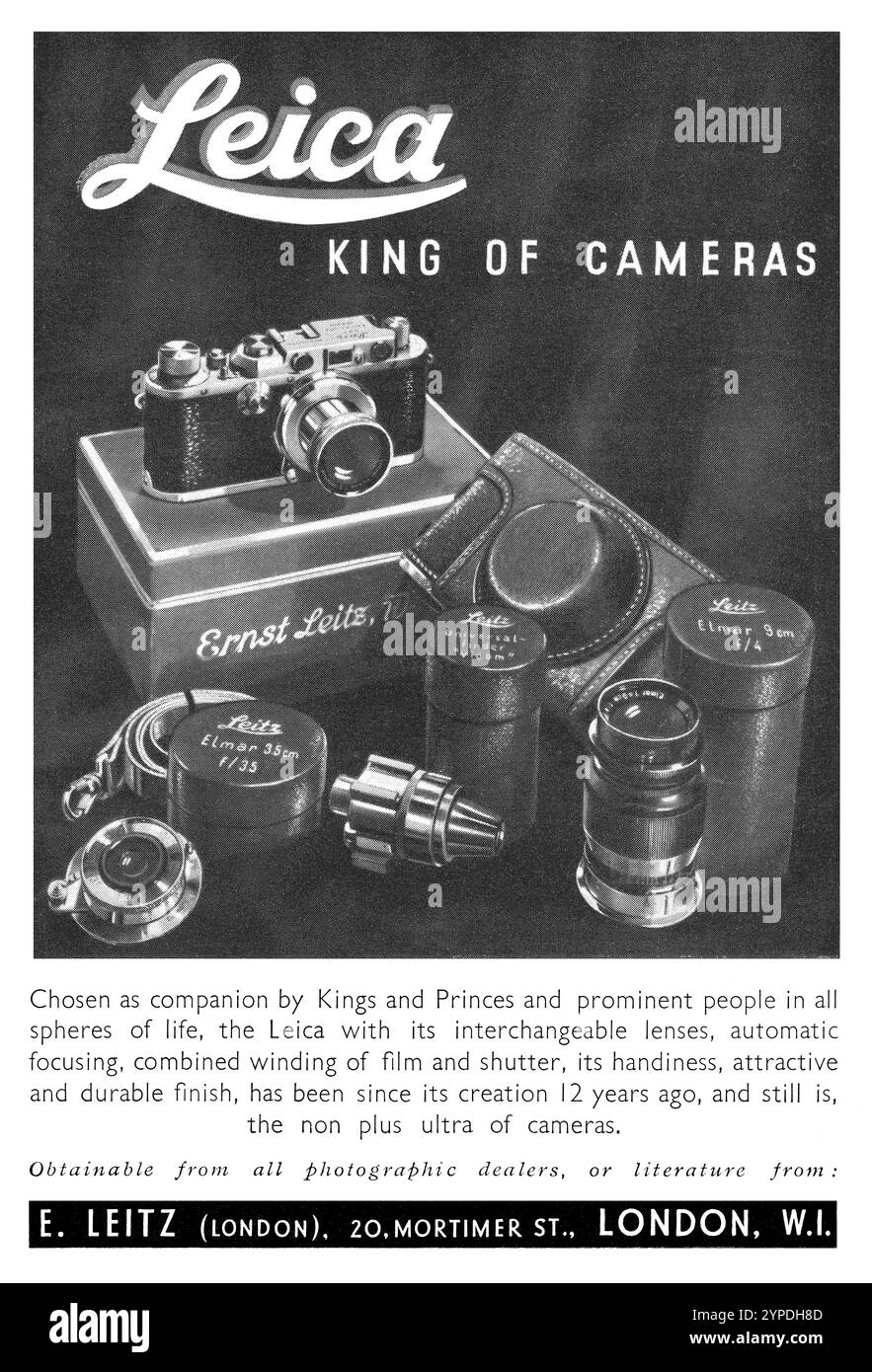1937 publicité britannique pour les appareils Leica par Ernst Leitz. Banque D'Images