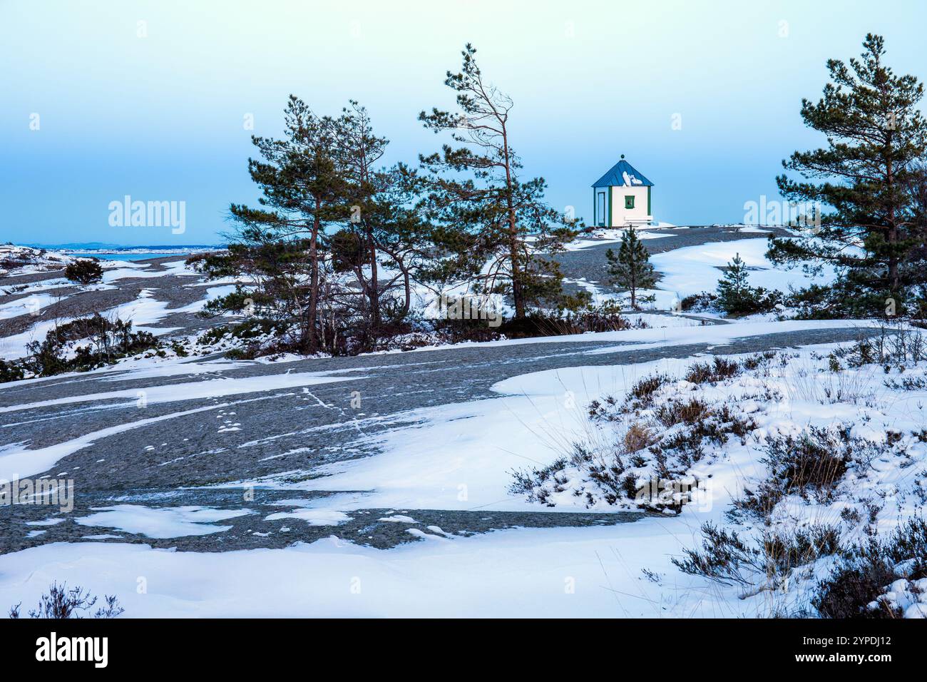 Terrain enneigé avec des pins et une petite cabane blanche sous un ciel bleu doux. Scène hivernale paisible avec beauté naturelle, parfait pour backg saisonnier Banque D'Images