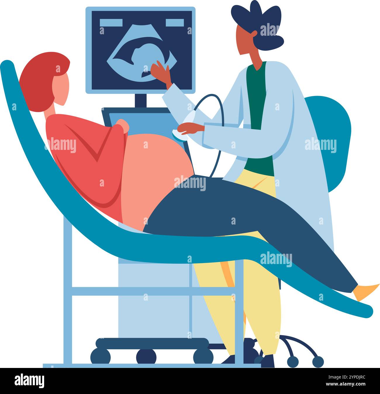 Médecin utilise soigneusement un appareil à ultrasons pour examiner une femme enceinte dans un cadre de soins de santé, fournissant des informations importantes sur le fœtus Illustration de Vecteur