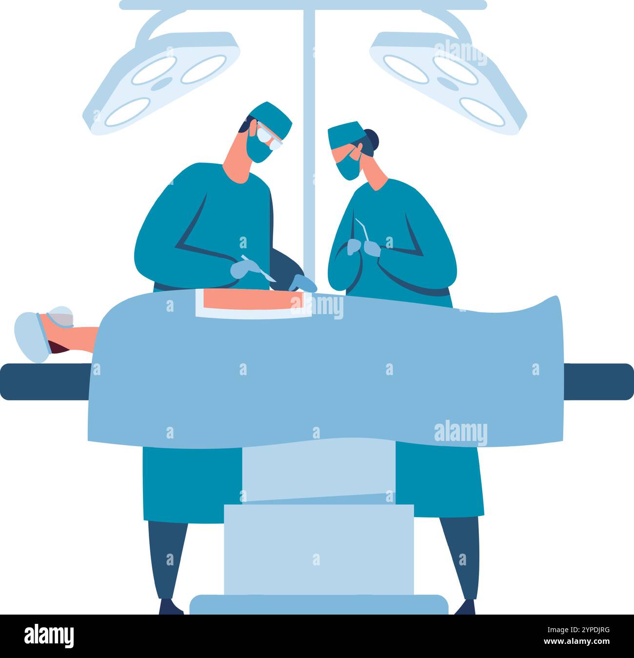 Deux chirurgiens portant des masques chirurgicaux, des blouses et des gants effectuent une opération chirurgicale sur un patient allongé sur une table d'opération sous des lumières chirurgicales brillantes Illustration de Vecteur