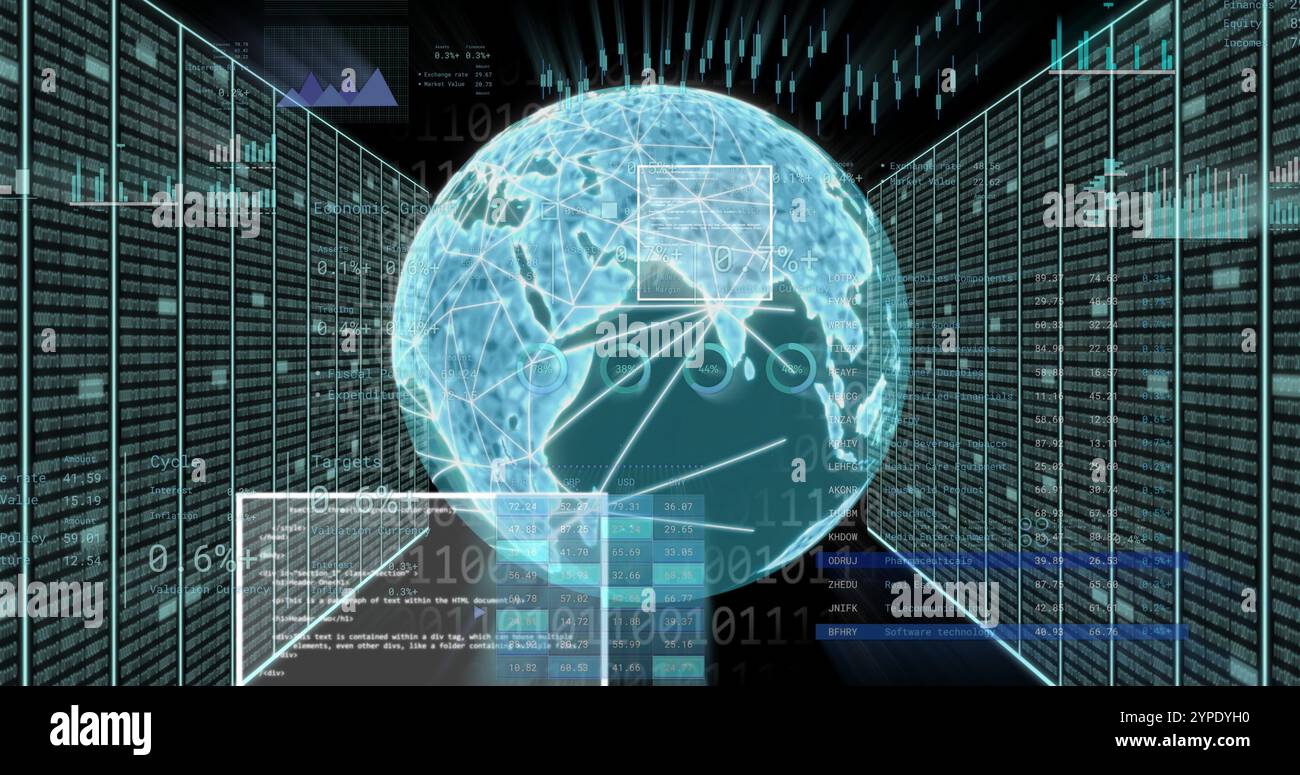 Image du globe avec graphiques de données et codage, représentant le traitement global des données Banque D'Images