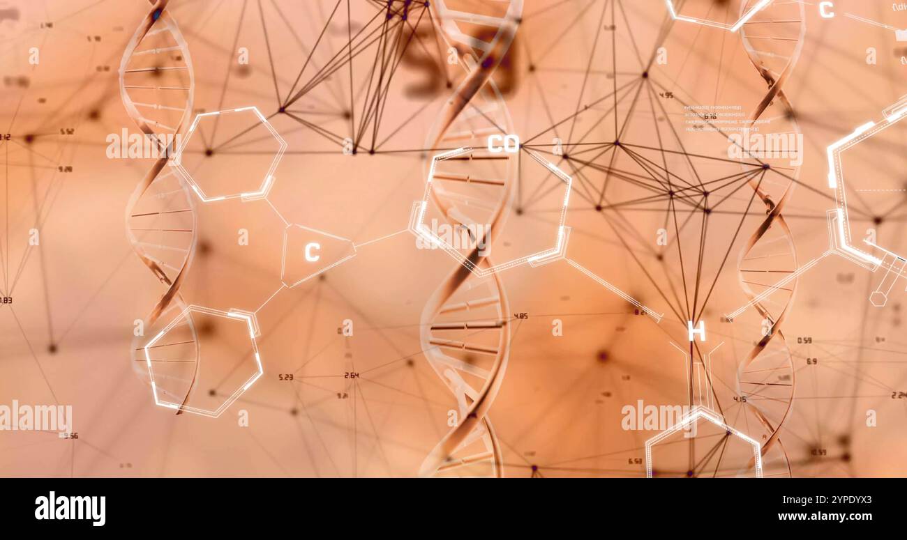 Image de formule chimique et brin d'adn sur fond orange Banque D'Images