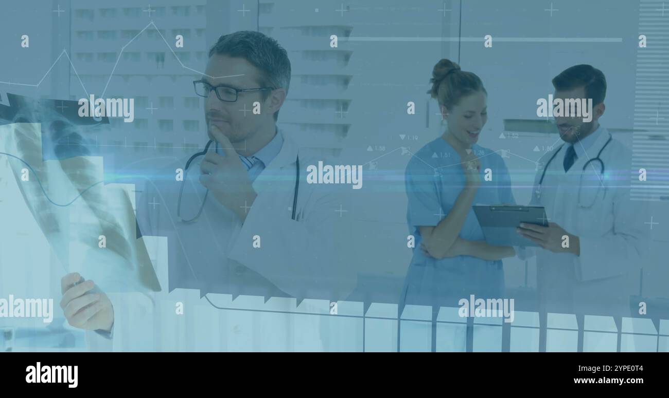 Médecins et infirmières travaillant à l'hôpital avec l'image de traitement des données médicales Banque D'Images