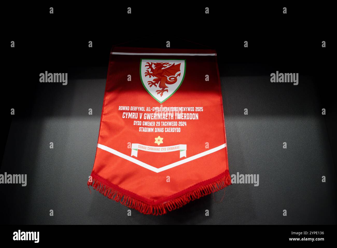 CARDIFF, ROYAUME-UNI. 29 novembre 2024. Wales fanion lors du Championnat d'Europe féminin 2025 - WEQ Play-offs Round 2 match au Cardiff City Stadium à Cardiff le 29 novembre 2024. (Photo by Ashley Crowden/FAW) crédit : Football Association of Wales/Alamy Live News Banque D'Images