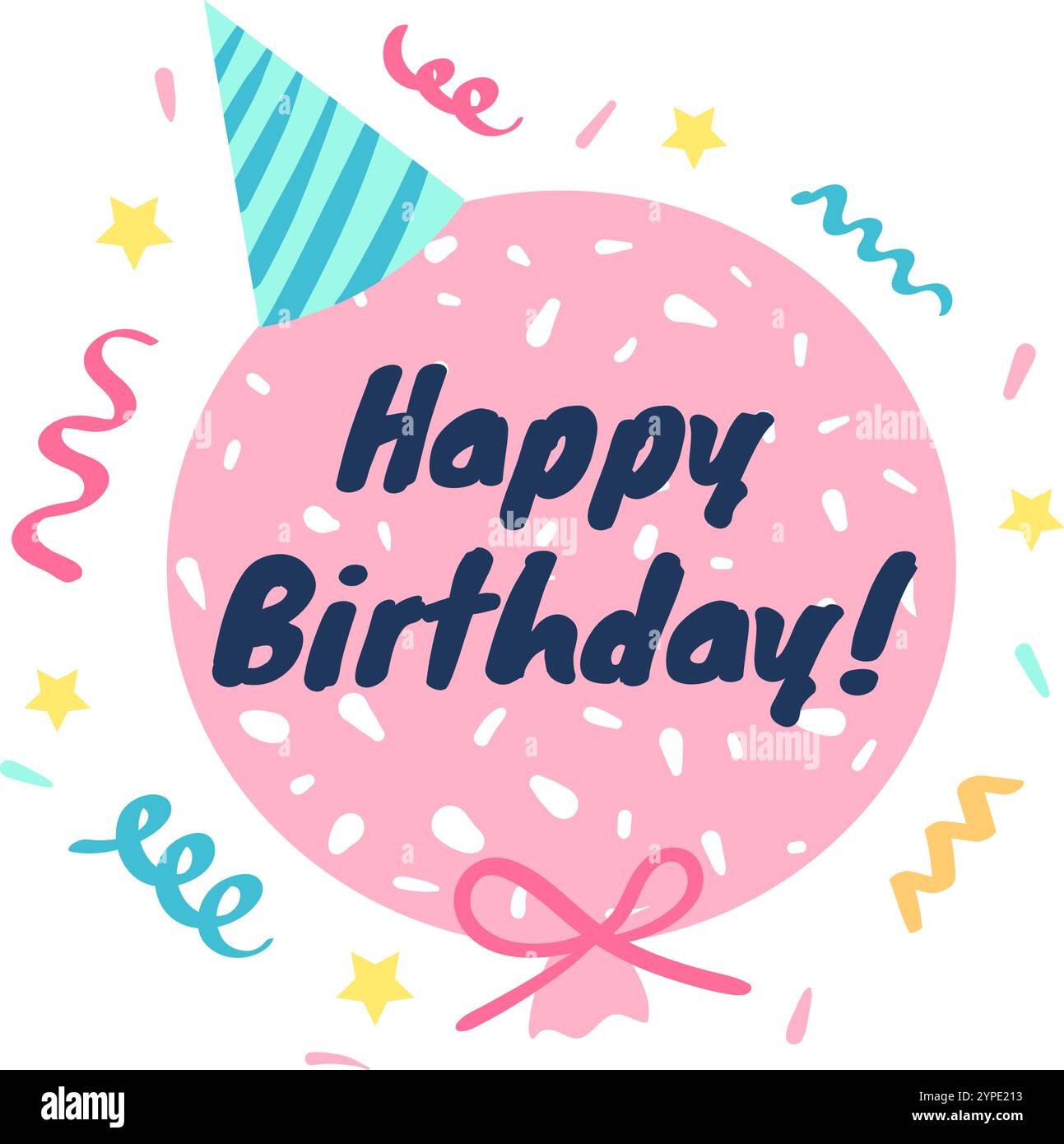 Ballon rose festif avec le message joyeux anniversaire. écrit dessus, orné d'un chapeau de fête et entouré de confettis colorés, crée une joyeuse salutation d'anniversaire Illustration de Vecteur