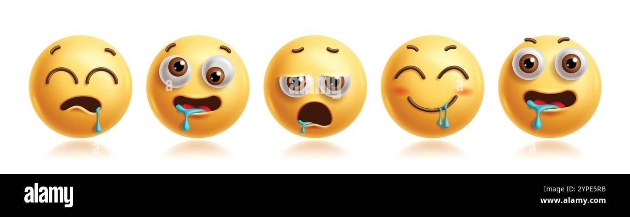Jeu de caractères clipart emojis Drooling. Emoji personnage 3d dans affamé, envie, salive de bouche ouverte, soif, désir, excité et souriant Illustration de Vecteur