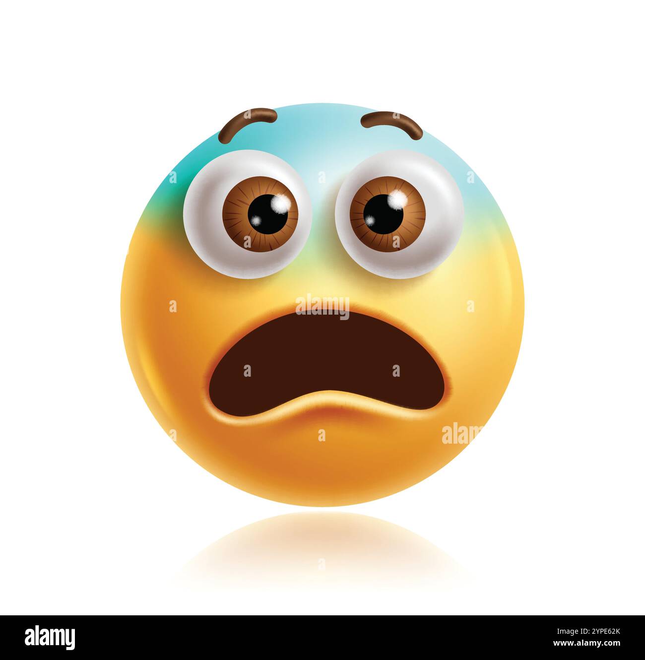 Personnage clipart emoji 3d choqué. Personnage d'icône emoji dans surpris, peur, cri, merveille, wow, étonné et bouche ouverte expression faciale jaune Illustration de Vecteur