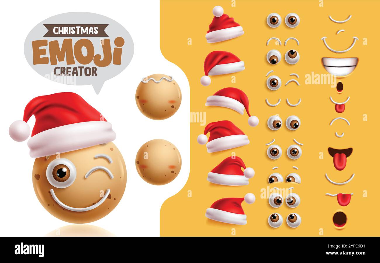 Kit de création de pain au gingembre emojis clipart Set. Personnage de pain de gingembre emoji de Noël avec visage heureux clin d'œil, chapeau de père noël, yeux et collection de bouche Illustration de Vecteur