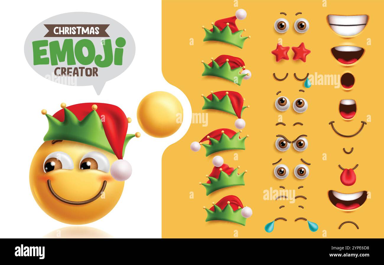Kit de création elfe emojis clipart set. Personnage elfe emoji de Noël avec visage heureux souriant, yeux, bouche et chapeau collection pour l'expression faciale mock Illustration de Vecteur