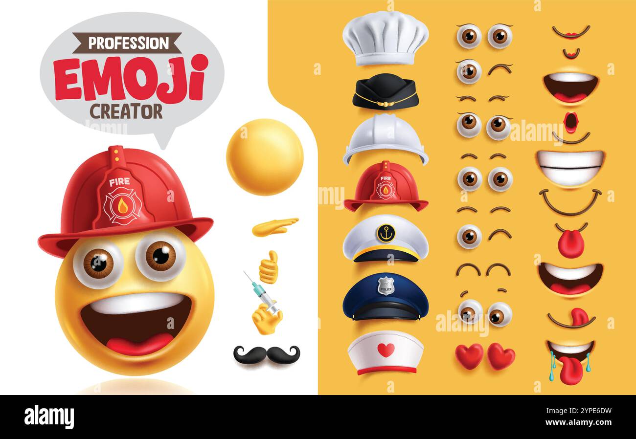 Kit de création de pompier emoji ensemble clipart. Personnage emoji profession avec visage souriant heureux, yeux, bouche et collection de chapeau de profession Illustration de Vecteur