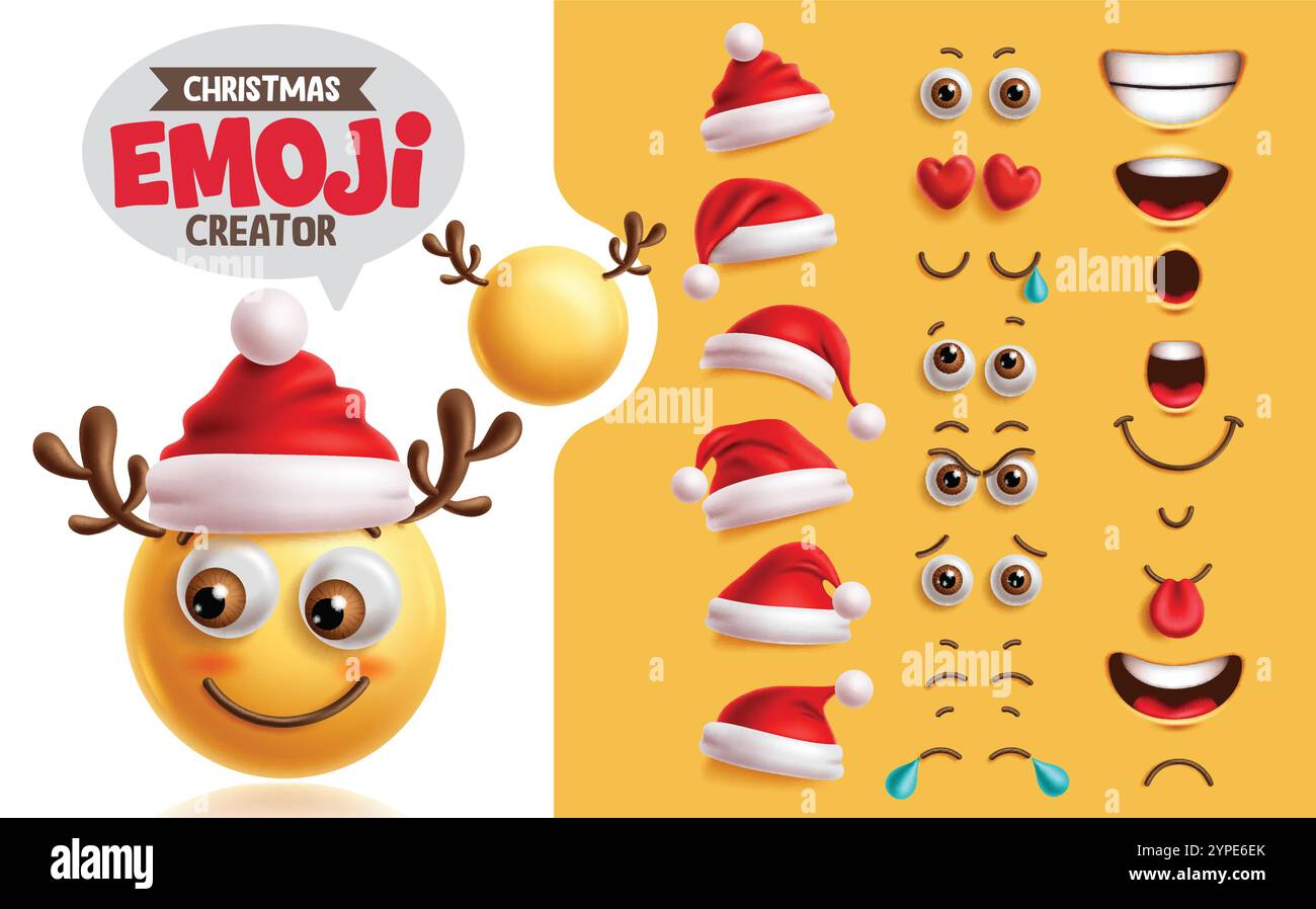 Kit de création de rennes emojis clipart set. Personnage de renne emoji de Noël avec visage heureux souriant, tête, yeux, bouche et collection de chapeau rouge Illustration de Vecteur