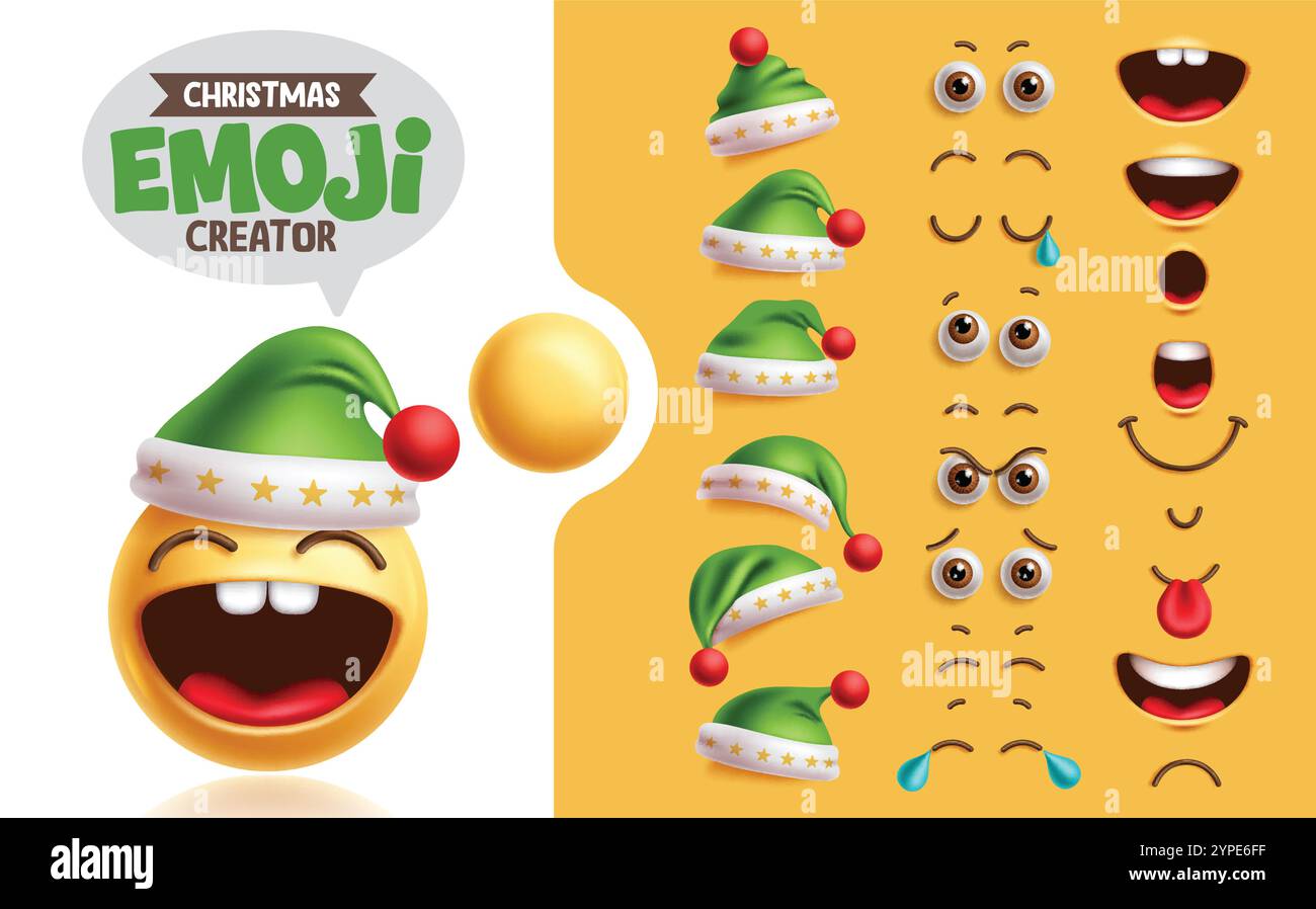 Kit de création emojis santa claus clipart Set. Personnage emoji de Noël avec le visage heureux riant, les yeux, la bouche et la collection de chapeau vert pour le visage Illustration de Vecteur