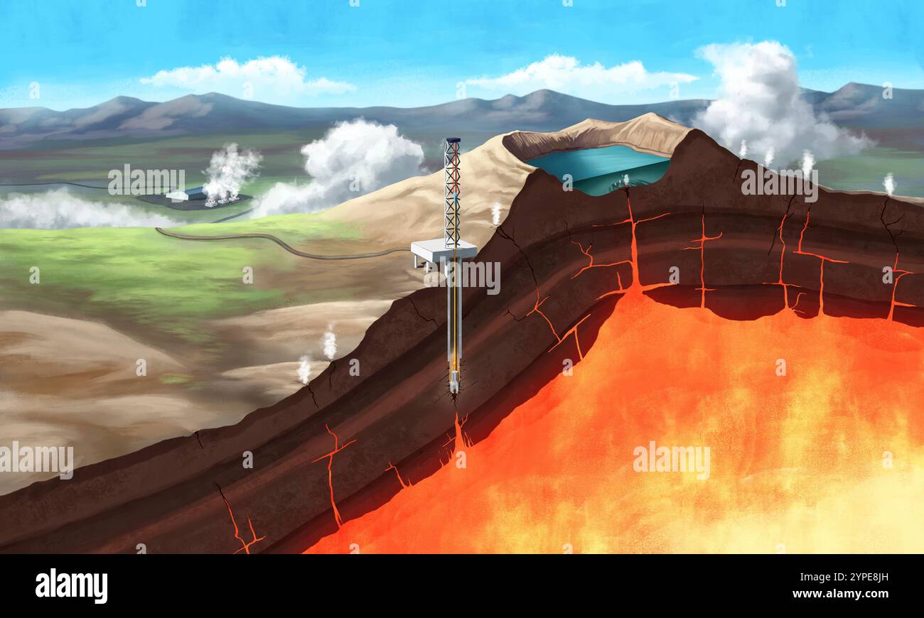 Forage de chambre de volcan, illustration. Une station de recherche perce la chambre magmatique d’un volcan. Banque D'Images