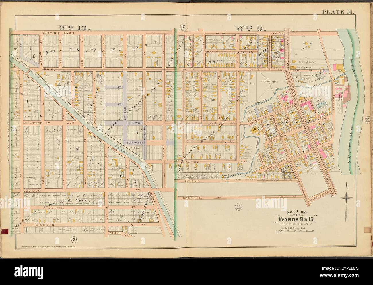 Rochester, double page plate No. 31 [Map Bounded by Driving Park, genesee River, Emerson, Bauer réunis, 11th équipé] 1888 Banque D'Images