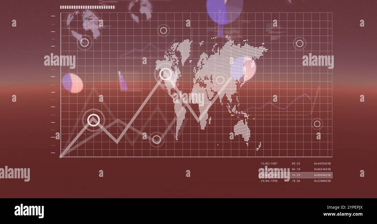 Carte du monde avec données financières et graphiques image sur fond rouge Banque D'Images