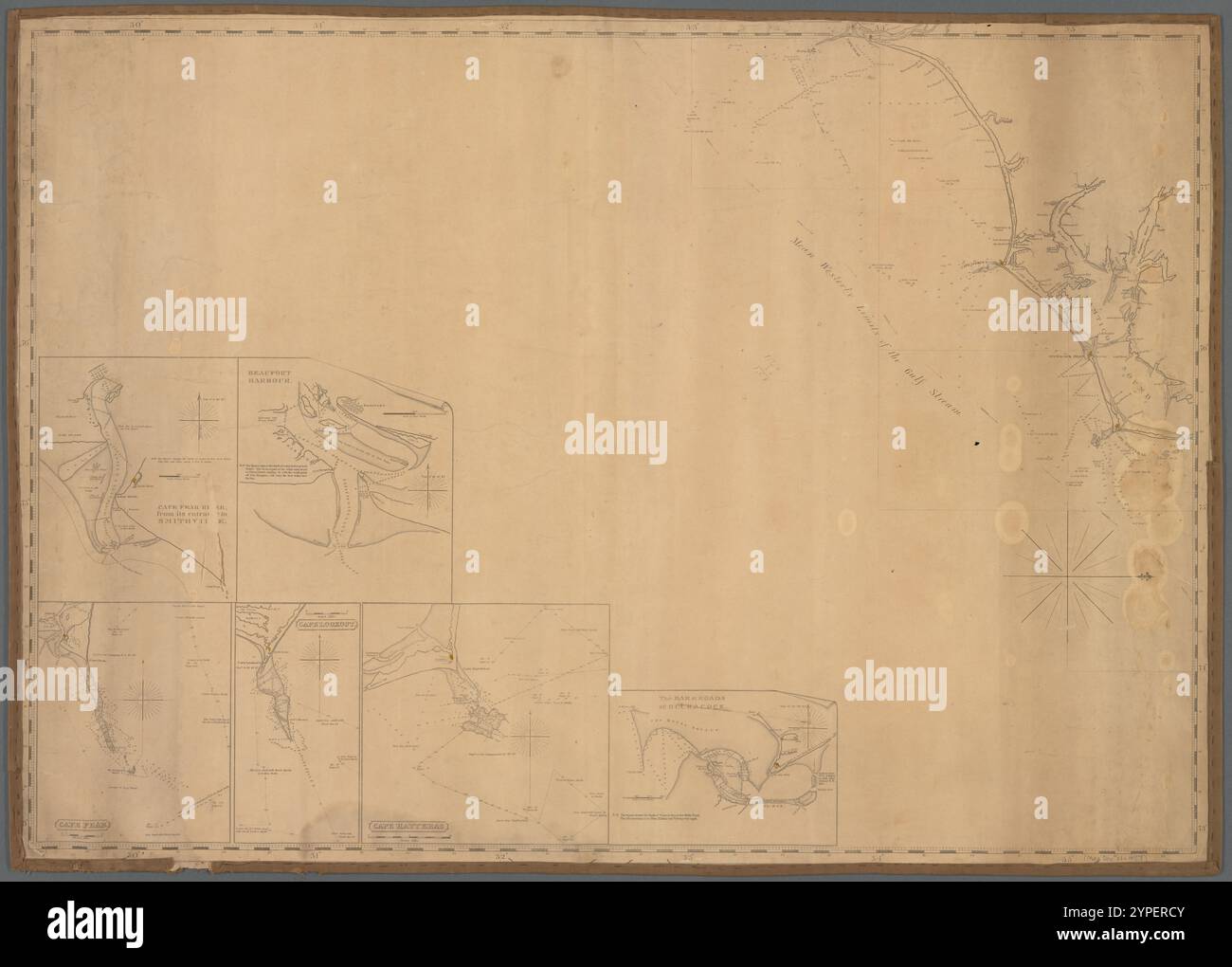 Carte côtière de Cape Hatteras à Cape Fear, Caroline du Nord : avec encarts de Cape Hatteras, Ocracoke Bar and Roads, Cape Lookout, Beaufort Harbour, Cape Fear, et la rivière Cape Fear 1838 - 1842 par Hooker, William, 1782-1856 Banque D'Images