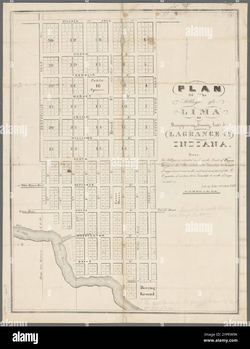 Plan du village de Lima ou Mongoquinong, chef-lieu du comté de LaGrande Co, Indiana 1833 - 1842 Banque D'Images