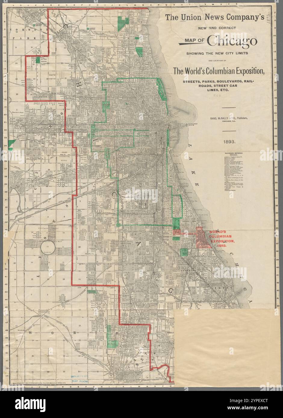 La nouvelle et correcte carte de Chicago de l'Union News Company : montrant les nouvelles limites de la ville et l'emplacement de l'exposition mondiale colombienne, rues, parcs, boulevards, chemins de fer, Street car Lines, etc. 1893 par Union News Company (Boston, Mass.) Banque D'Images