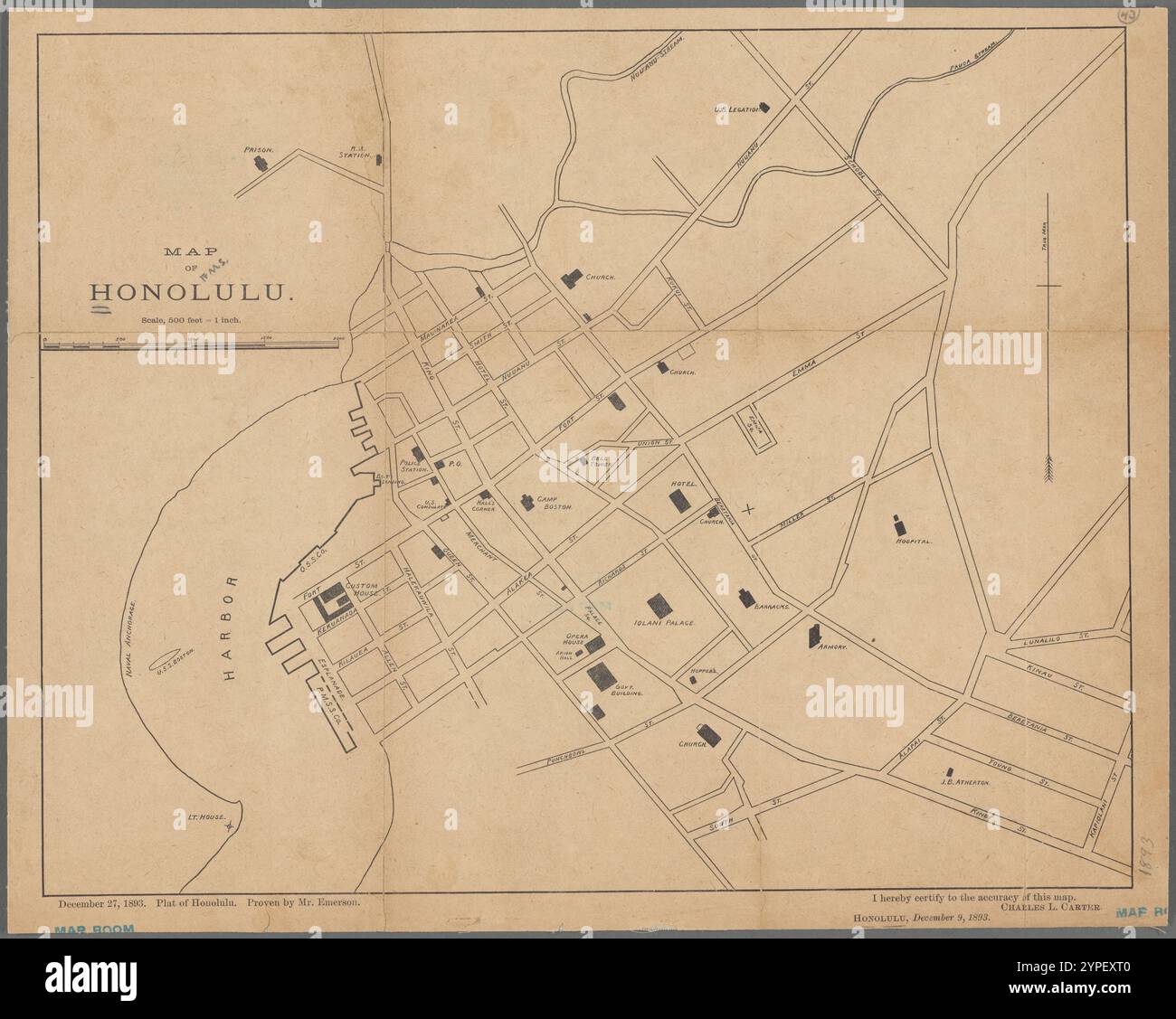 Carte de Honolulu 1893 par carter, Charles L. Banque D'Images