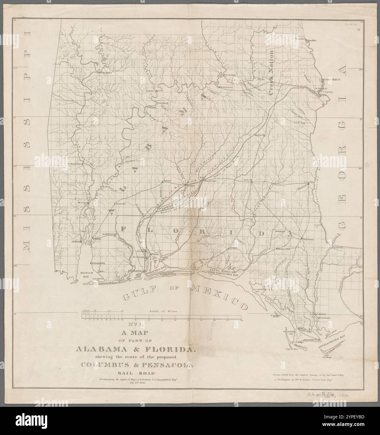 A map of part of Alabama & Florida, : Shewing the route of the Proposed Columbus & Pensacola Rail Road, accompagnant le rapport du major J.D. Graham, U.S. topographic Engr. Feb 6th, 1836 1836 par Palmer, W.R. (William R.), -1862 Banque D'Images