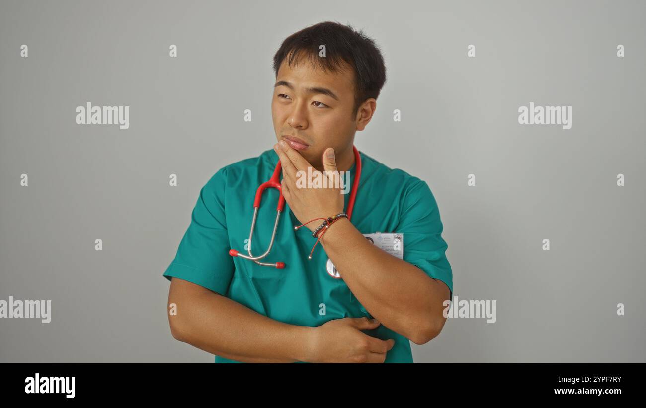 Jeune médecin chinois masculin dans les gommages verts, pensant avec la main sur le menton, isolé sur fond blanc Banque D'Images