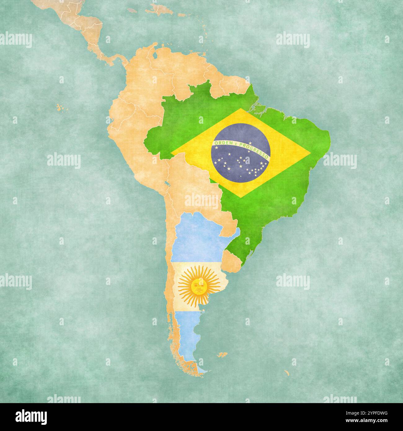 Le Brésil et l'Argentine sur la carte de l'Amérique du Sud dans le grunge doux et le style vintage, comme le vieux papier avec aquarelle peinture. Banque D'Images