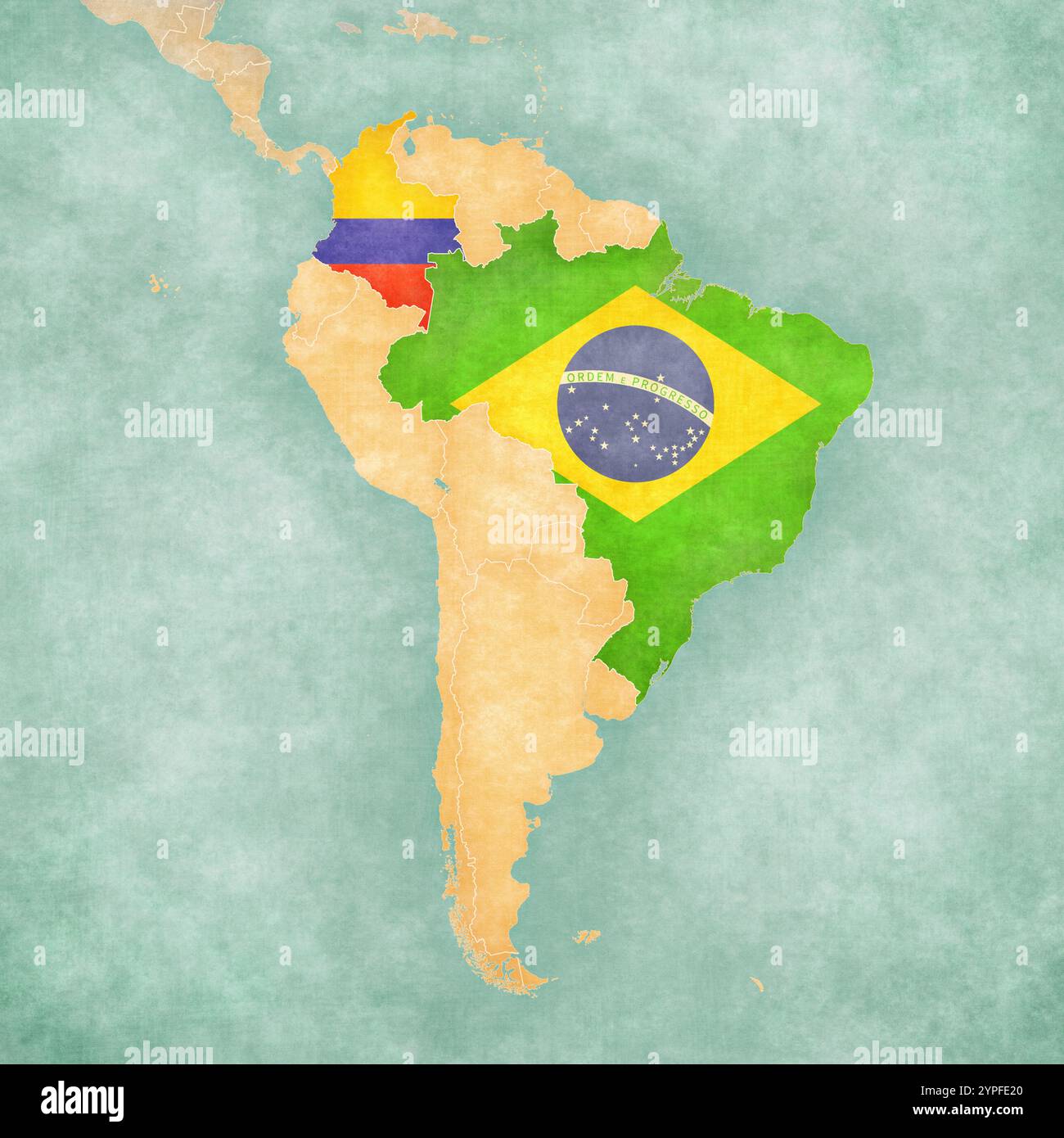 Le Brésil et la Colombie sur la carte de l'Amérique du Sud dans le grunge doux et le style vintage, comme le vieux papier avec aquarelle peinture. Banque D'Images