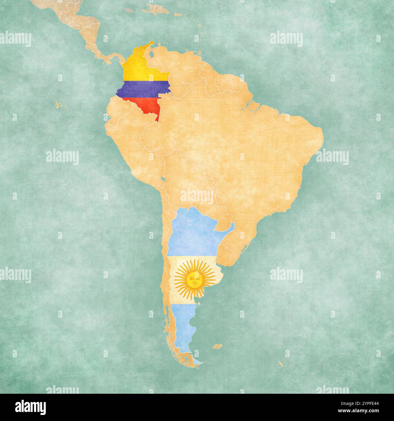 Argentine et Colombie sur la carte de l'Amérique du Sud dans le style grunge doux et vintage, comme le vieux papier avec la peinture à l'aquarelle. Banque D'Images